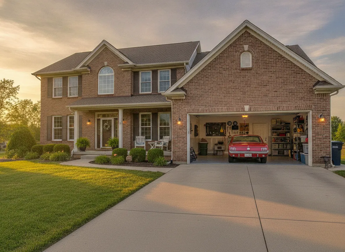 Brick home at golden hour with the garage door open, typical of Evansville neighborhoods