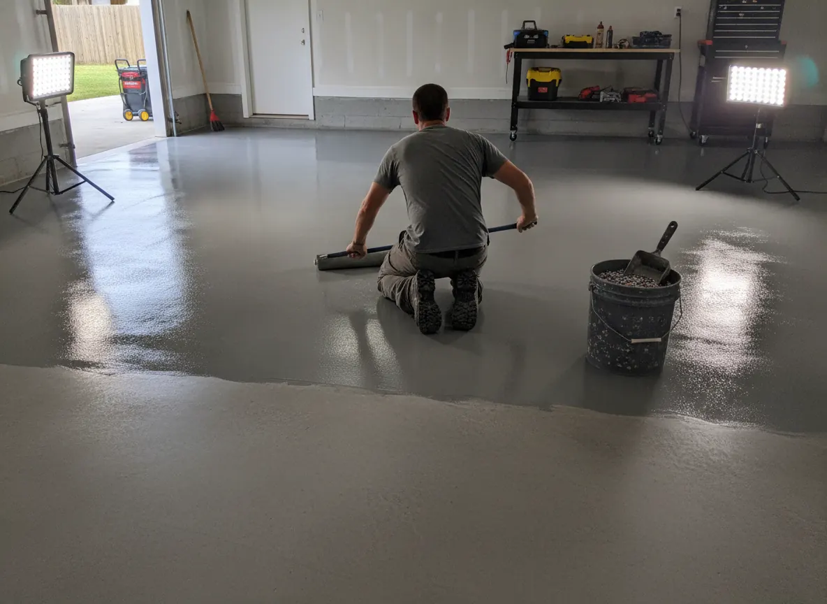 Installer rolling a gray base coat across a diamond-ground garage floor