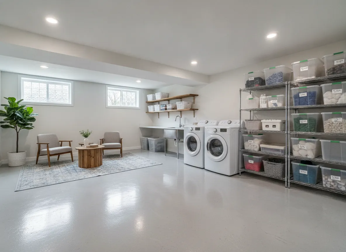 Coated basement floor in a finished lower level