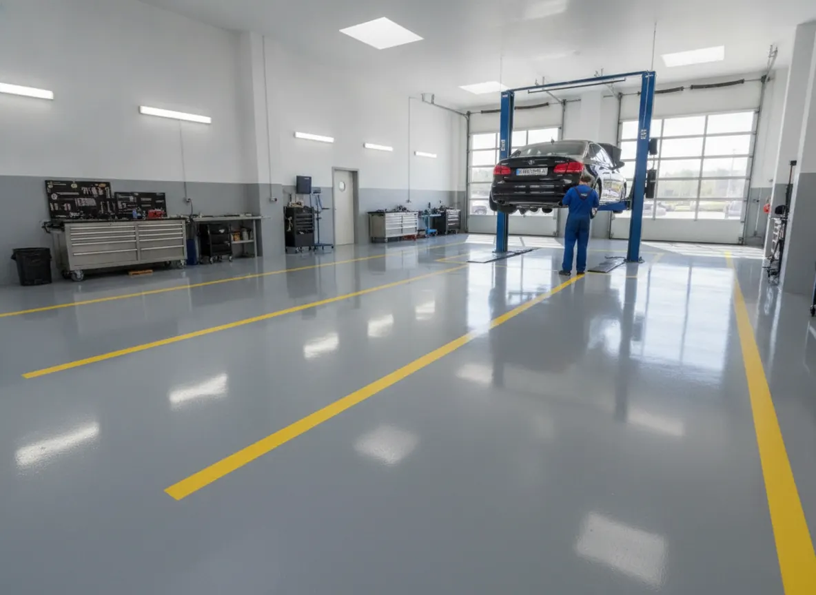 Auto shop floor with an epoxy coating and yellow safety striping
