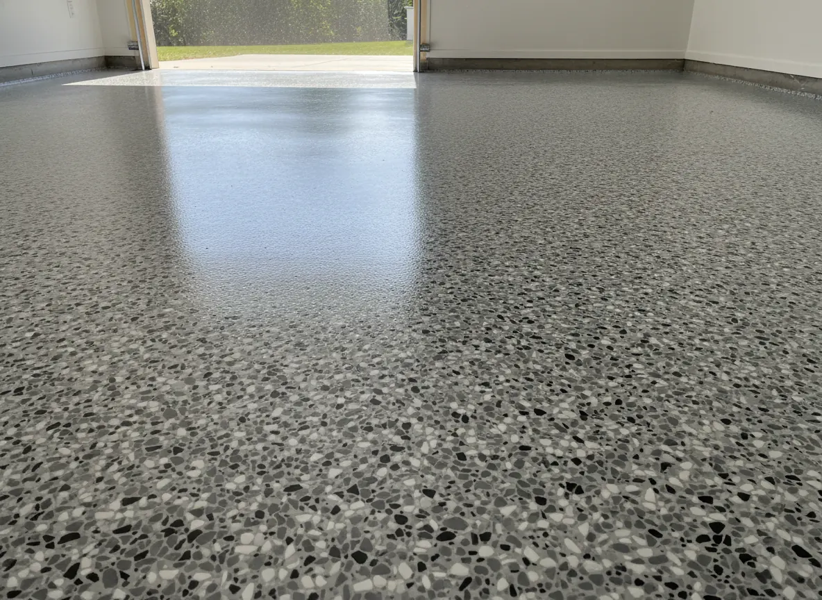 Gray and black flake coating on a residential garage floor