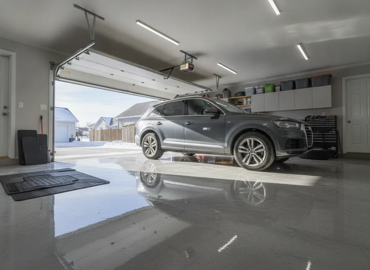 Glossy polyaspartic coated garage floor